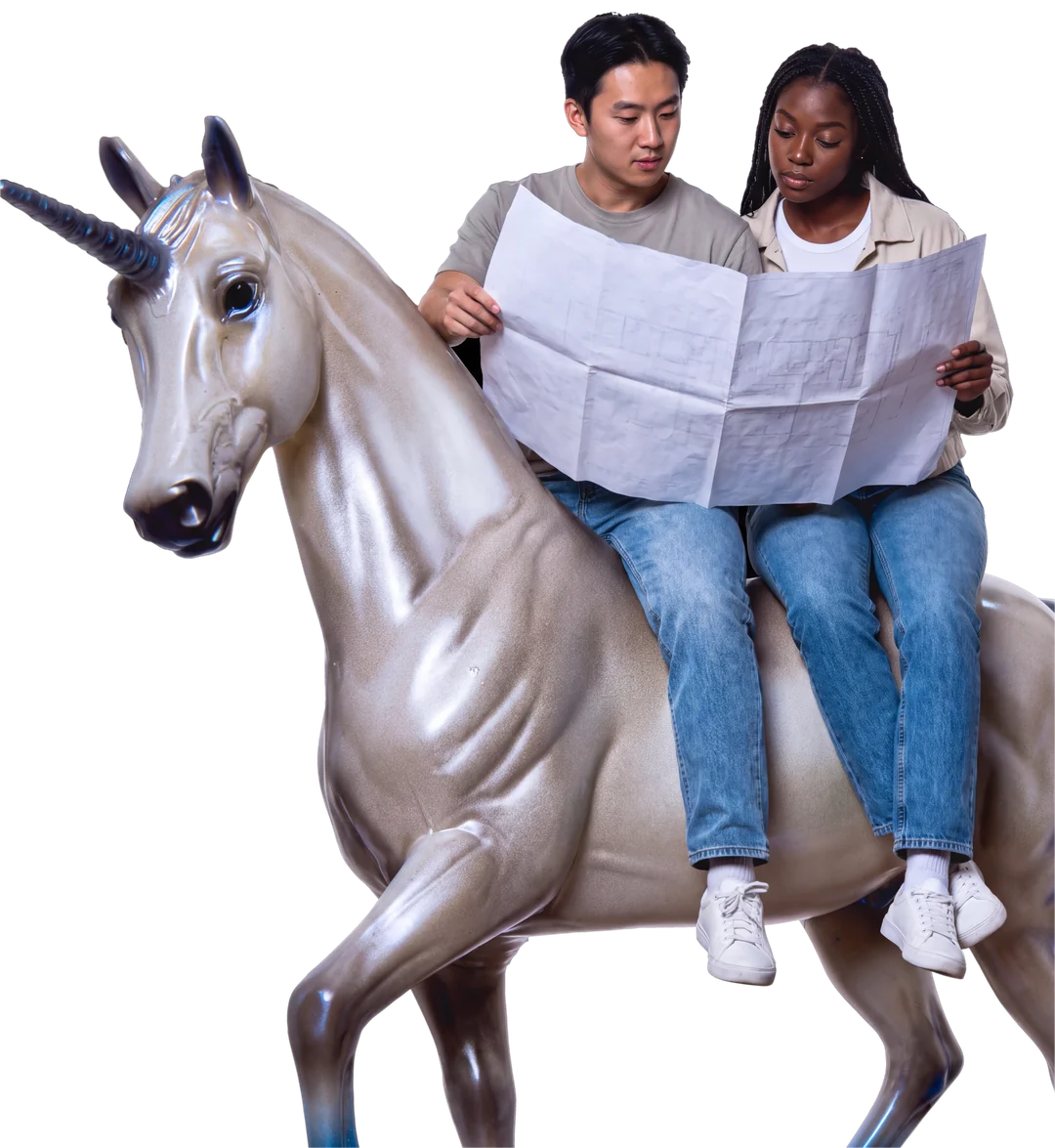 Deux porteurs de projet lisent le plan de leur futur local, assis sur une licorne